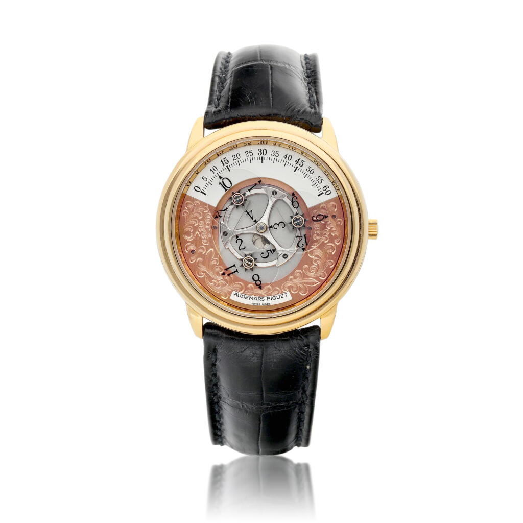 View full screen - View 1 of Lot 2029. Star Wheel Automatic, Reference 25720 | A pink gold semi-skeletonized wristwatch with satellite hour display, Circa 1995 | 愛彼 | Star Wheel Automatic 型號25720 | 粉紅金半鏤空腕錶,備衛星時刻顯示,約1995年製.