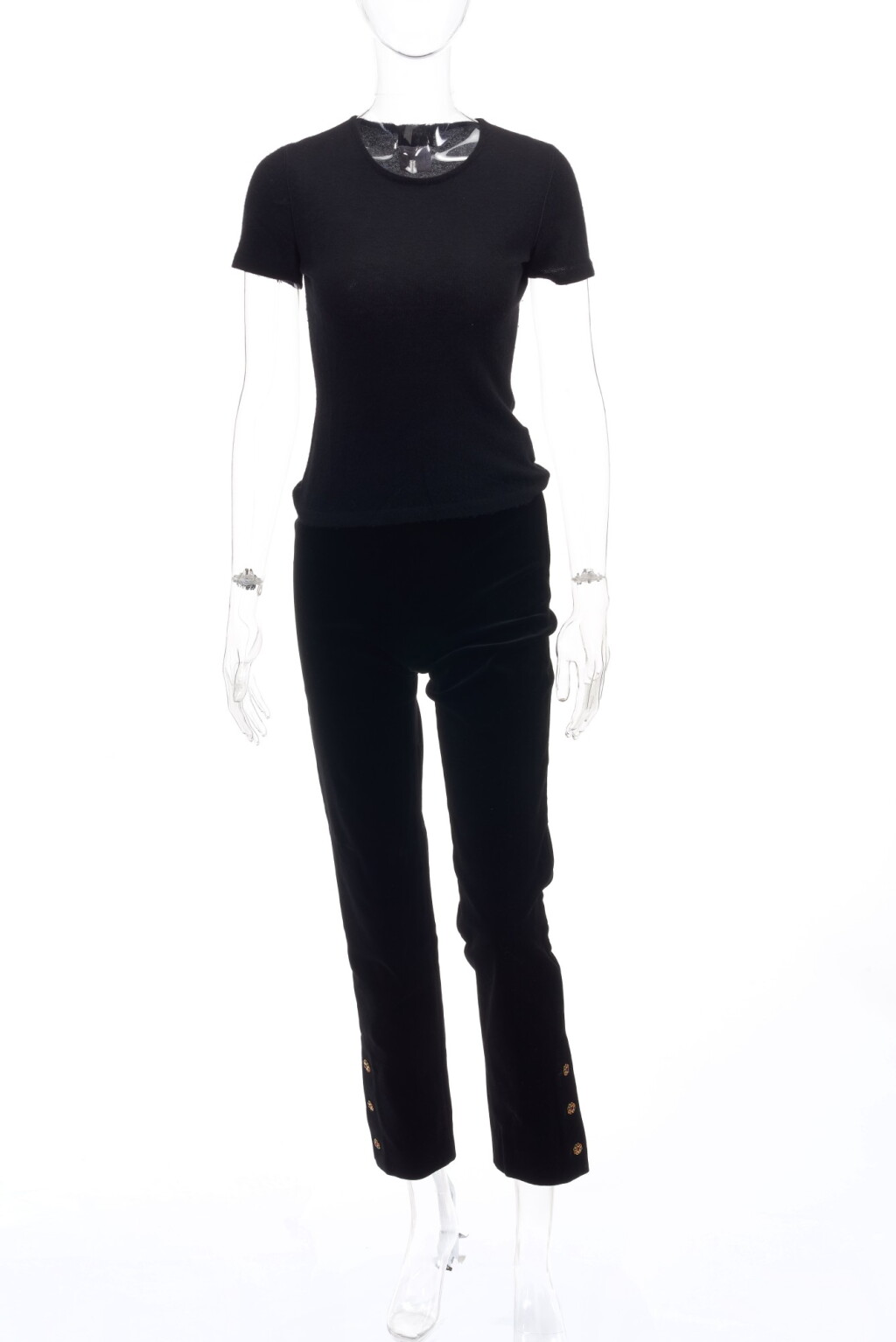 View full screen - View 1 of Lot 21. Black cashmere sweater and black velvet trousers.