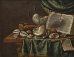 Vanitas still life with assorted shells, musical instruments, and Karel van Mander’s Schilder-boeck on a table