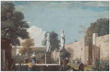 View full screen - View 1 of Lot 25. MARCO RICCI | THE WALLED COURTYARD OF A VILLA WITH STATUES AND FIGURES .
