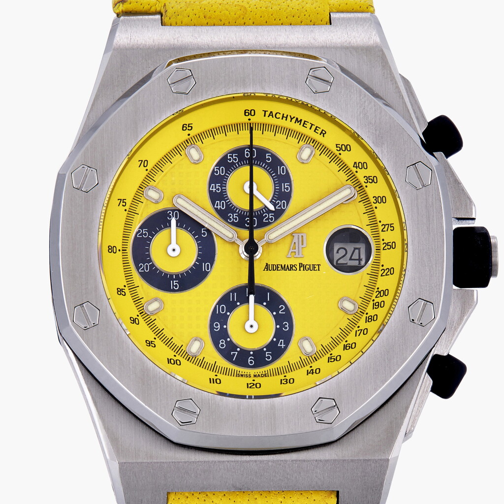 View full screen - View 1 of Lot 2. Royal Oak Offshore 'Yellow', Reference 25770ST.OO.D050BU.02 | A stainless steel chronograph wristwatch with date | Circa 2002.