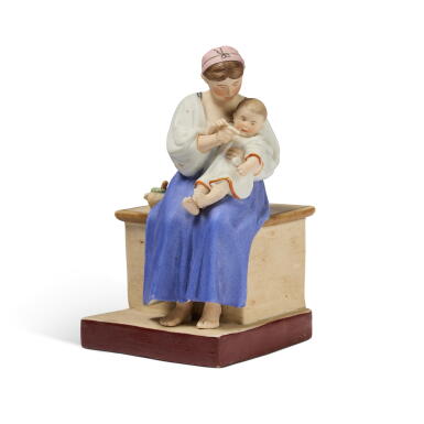 View full screen - View 1 of Lot 129. A Porcelain Figural Group of a Peasant Woman Nursing a Child, Gardner Porcelain Factory, Verbilki, late 19th Century.