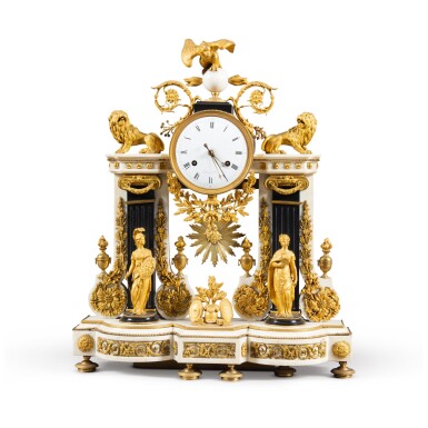 View full screen - View 1 of Lot 212. A gilt-bronze mounted white and black marble mantel clock, Louis XVI, circa 1780 | Pendule en marbre blanc, noir et bronze doré d'époque Louis XVI, vers 1780.