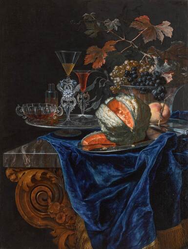 View full screen - View 1 of Lot 660. Still life with a melon and a peach on a silver platter, with a glass bowl of grapes and assorted glassware.