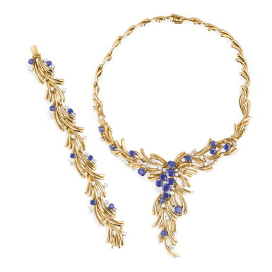 View full screen - View 1 of Lot 163. DEMI-PARURE SAPHIRS ET DIAMANTS, MELLERIO, 1977 & 1979 | SAPPHIRE AND DIAMOND DEMI-PARURE, MELLERIO, 1977 & 1979.