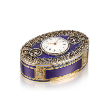 View full screen - View 1 of Lot 47. A Jewelled Gold and Enamel Musical Automaton Snuff Box with Timepiece, Jean-Joseph-Isaac Bellamy, Geneva, circa 1800, the Mechanism by Decombaz & Rich, London .