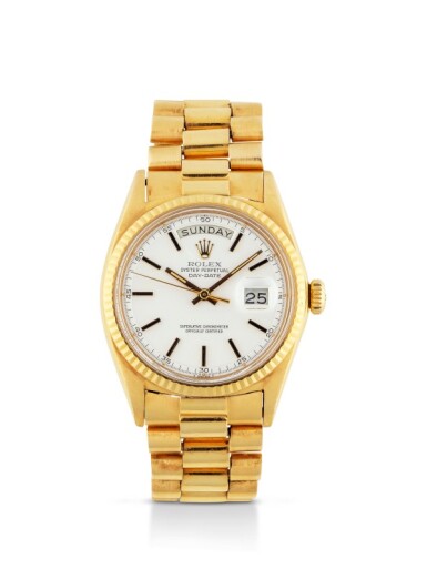 View full screen - View 1 of Lot 17. ROLEX | DAY-DATE, REF 1803 YELLOW GOLD WRISTWATCH WITH DAY, DATE AND BRACELET CIRCA 1970.