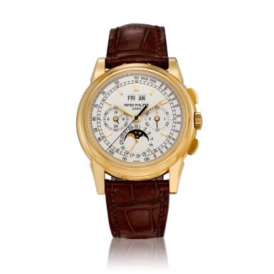 View full screen - View 1 of Lot 2172. Reference 5970 | A yellow gold perpetual calendar chronograph wristwatch with moon phases, 24 hours and leap year indication, Circa 2008 | 百達翡麗 | 型號5970 | 黃金萬年曆計時腕錶,備月相、24小時及閏年顯示,約2008年製.
