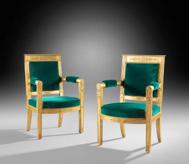 View full screen - View 1 of Lot 88. A pair of Empire carved giltwood fauteuils, stamped J.B.B DEMAY, early 19th century | Paire de fauteuils en bois doré et sculpté d'Epoque Empire, estampillés J.B.B DEMAY, début XIXe siècle.