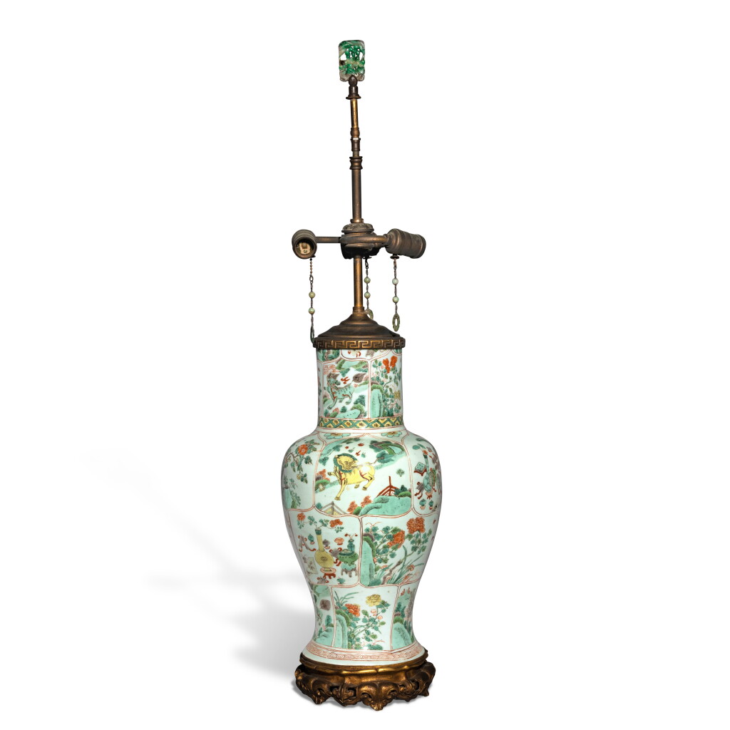 View full screen - View 1 of Lot 644. A famille-verte baluster vase, Qing dynasty, Kangxi period | 清康熙 五彩開光花卉瑞獸紋瓶.