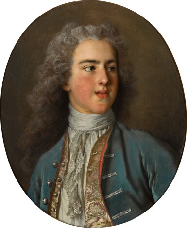 View full screen - View 1 of Lot 193. Portrait of Yves-Simon Pommyer (1707–1756), bust-length, wearing a blue coat and pink embroidered waistcoat.
