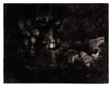 View full screen - View 1 of Lot 60. The Adoration of the Shepherds: A Night Piece (B., Holl. 46; New Holl. 300; H. 255).