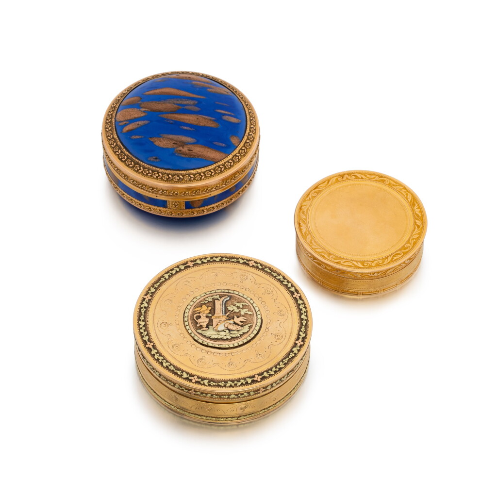 View full screen - View 1 of Lot 1175. A group of three gold or aventurine glass bonbonnieres, Paris and Geneva, 1784-1810.