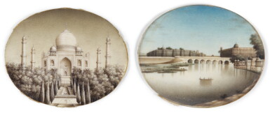 View full screen - View 1 of Lot 188. COMPANY SCHOOL, INDIA | The Taj Mahal, Agra; together with a river scene with a bridge and fortress.