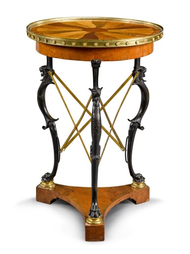 View full screen - View 1 of Lot 184. A French Restauration gilt and patinated bronze burr yew guéridon, circa 1825.