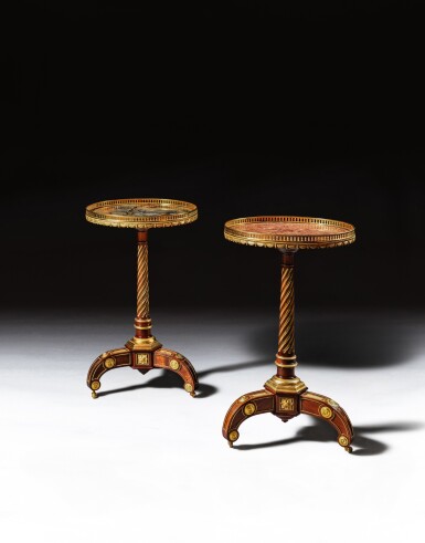 View full screen - View 1 of Lot 73. A matched pair of mahogany, brass and gilt-bronze guéridons, late 18th century, attributed to Charles Erdman Richter.