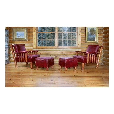 View full screen - View 1 of Lot 228. THOMAS MOLESWORTH | PAIR OF CLUB CHAIRS AND OTTOMANS.