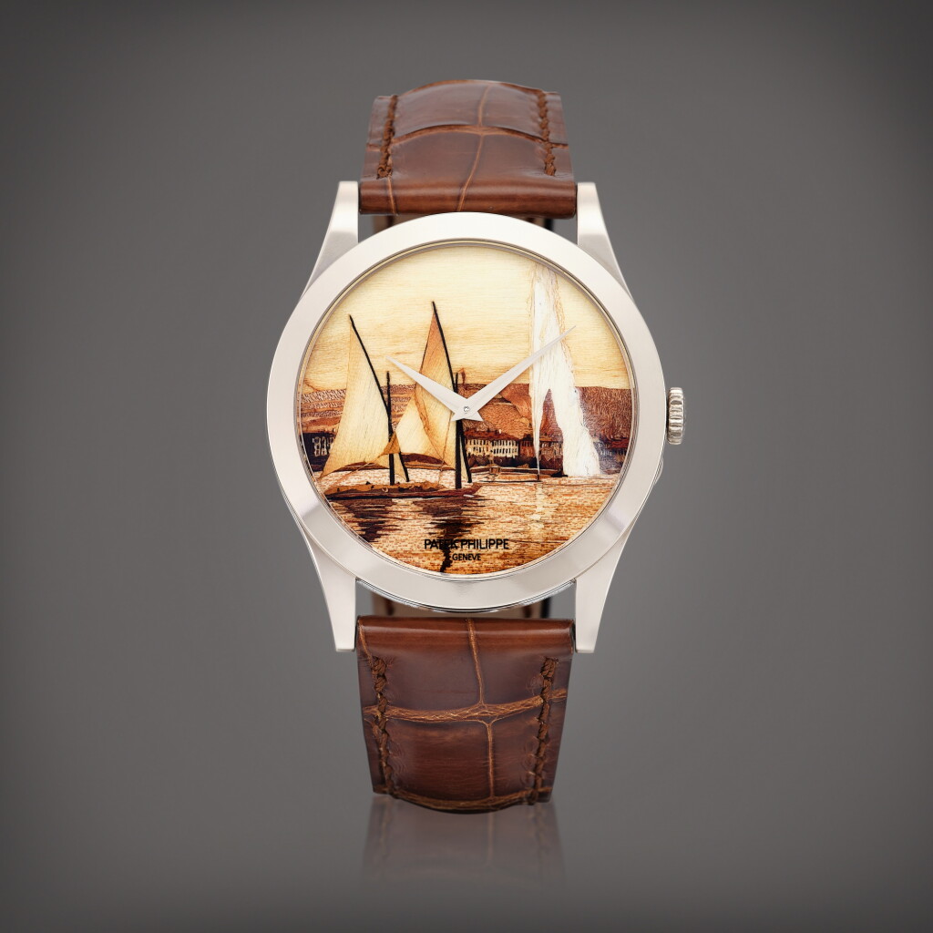 View full screen - View 1 of Lot 2282. Reference 5089 | A white gold wristwatch with wood marquetry dial, Made to commemorate the 175th anniversary of Patek Philippe, Circa 2016 | 百達翡麗 | 型號5089 | 白金腕錶,備細木雕嵌錶盤,為紀念百達翡麗175週年而製, 約2016年製 .