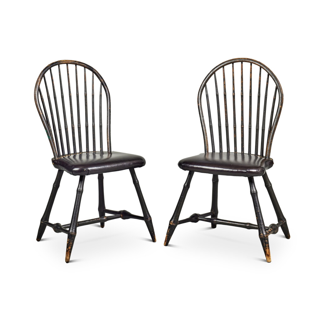 View full screen - View 1 of Lot 95. Rare Pair of Black-Painted Bow-Back Upholstered-Seat Windsor Side Chairs, John Lambert (w. 1786-1793), Philadelphia, Pennsylvania, Circa 1790.
