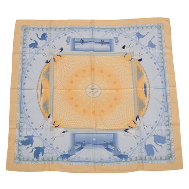 View full screen - View 1 of Lot 24. Hermès "Chaque Rencontre est Unique" Silk Twill Scarf 90cm.