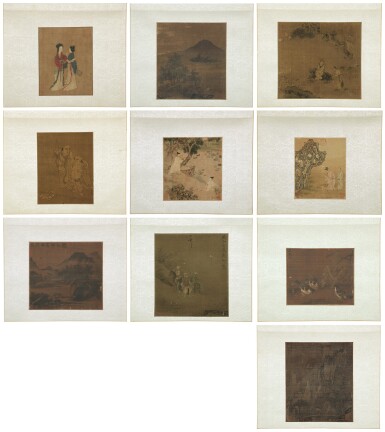 View full screen - View 1 of Lot 116. Landscape and figures, ink and color on silk, album of ten leaves | 李唐(款)、巨然(款)等 仿宋人山水人物 設色絹本 十開冊.