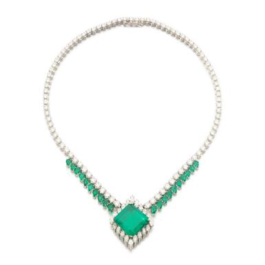 View full screen - View 1 of Lot 529. Emerald and diamond necklace.