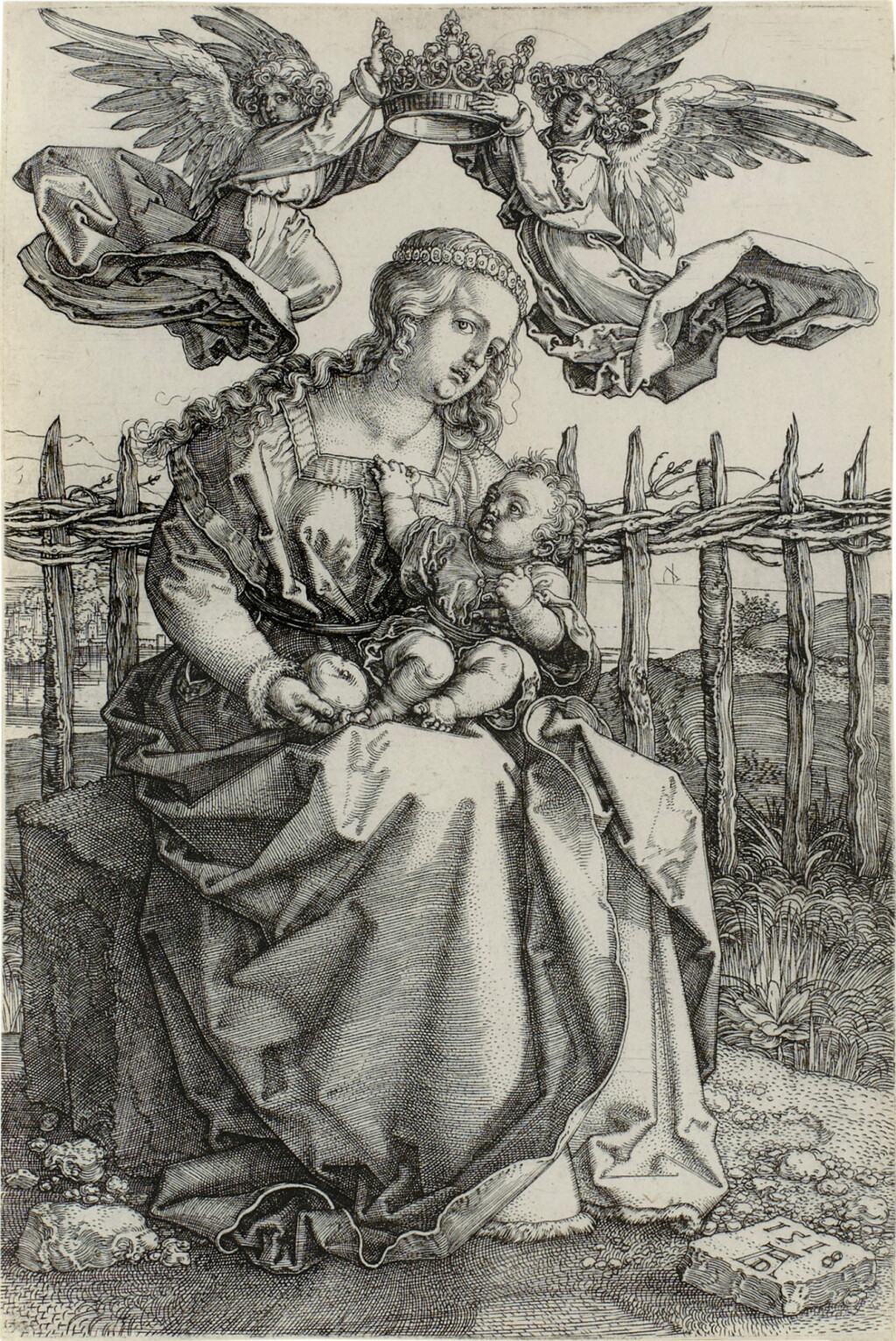 View full screen - View 1 of Lot 262. The Virgin and Child crowned by two Angels (Bartsch 39; Meder, Hollstein 38; Schoch, Mende, Scherbaum 84).