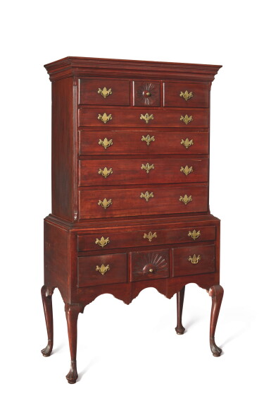 View full screen - View 1 of Lot 1707. FINE AND RARE QUEEN ANNE CARVED CHERRYWOOD HIGH CHEST OF DRAWERS, PROBABLY NEWTOWN, CONNECTICUT, CIRCA 1760.