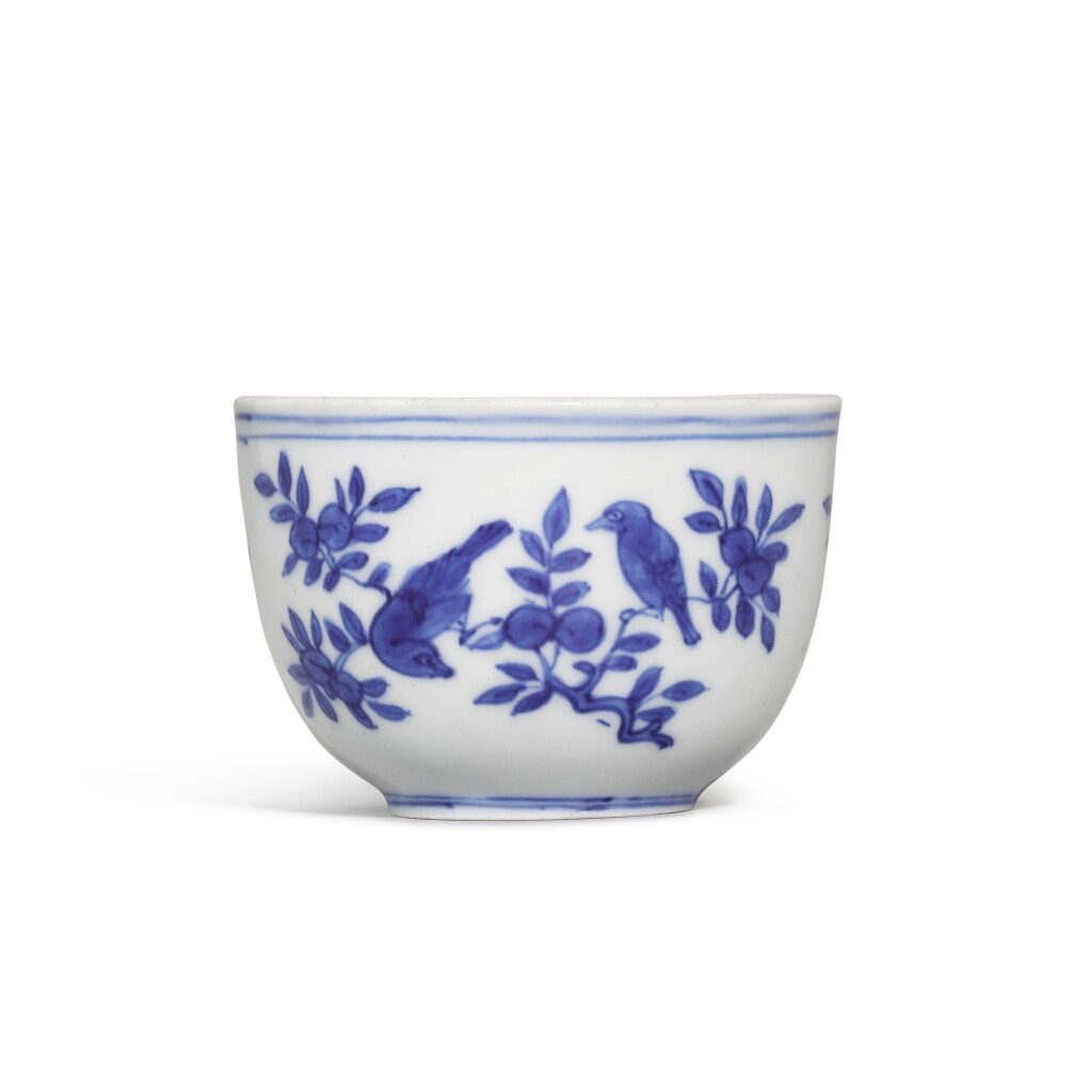 View full screen - View 1 of Lot 3691. A rare blue and white 'lança' cup, Mark and period of Wanli | 明萬曆 青花梵文花鳥紋盃 《大明萬曆年製》款.