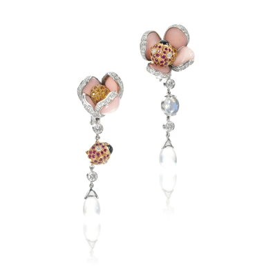 View full screen - View 1 of Lot 867. Gem set and diamond earrings, 'Ladybird'.