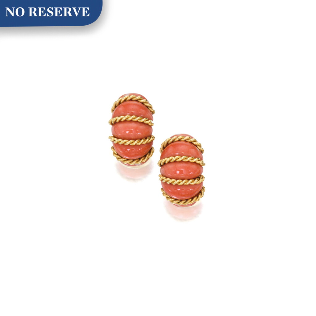 View full screen - View 1 of Lot 144. Seaman Schepps | Pair of Gold and Coral Earclips.