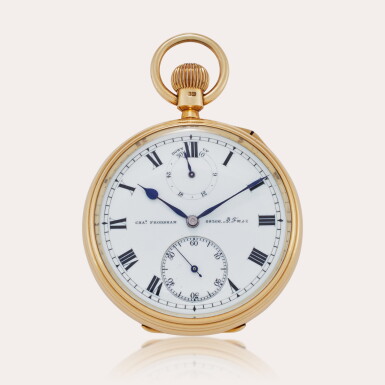 View full screen - View 1 of Lot 436. A yellow gold open-faced keyless watch with up-and-down indication, No. 08366, 1902.