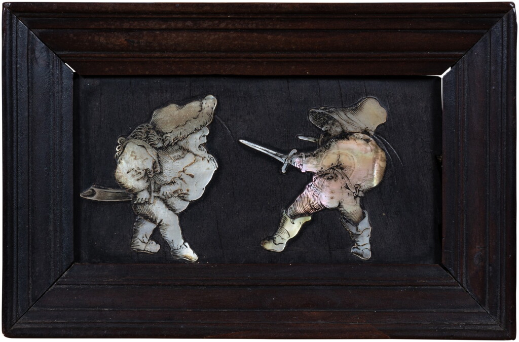 View full screen - View 1 of Lot 271. A mother-of-pearl and blackened wood plaque, attributed to Dirck Van Rijswijck, 17th century | Plaquette en nacre et bois noirci, attribuée à Dirck Van Rijswijck, XVIIe siècle.