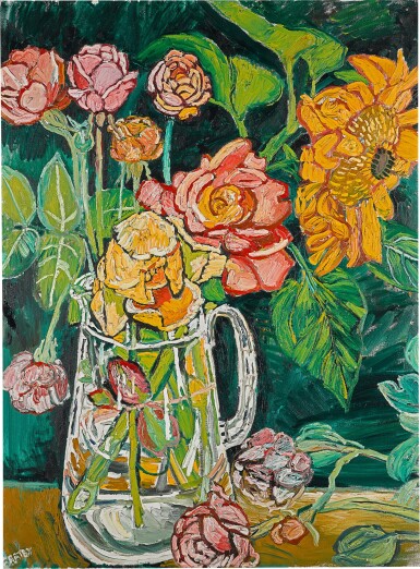 View full screen - View 1 of Lot 45. JOHN BRATBY, R.A. | ROSES AND SUNFLOWERS.
