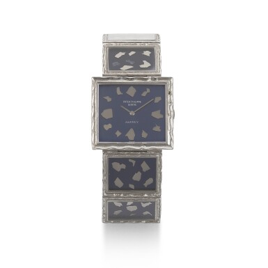 View full screen - View 1 of Lot 320. PATEK PHILIPPE | REFERNCE 4121, RETAILED BY ASPREY: RECTANGULAR WHITE GOLD BRACELET WATCH, MADE IN 1972.