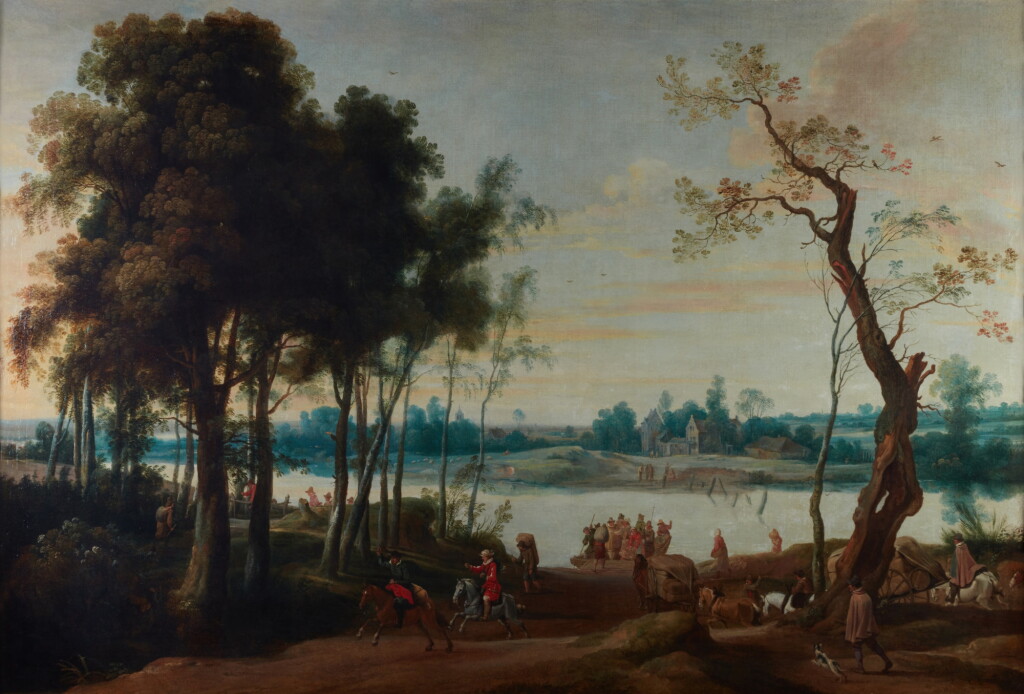 View full screen - View 1 of Lot 70. An extensive river landscape with a ferry crossing | Flusslandschaft mit Fährüberfahrt.