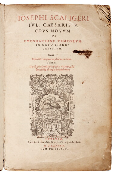 View full screen - View 1 of Lot 50. Scaliger | De emendatione temporum, Paris, 1583; Bressieu, Metrices astronomicae, Paris, 1581, vellum.