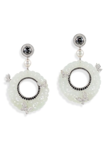 View full screen - View 1 of Lot 8013. Pair of Jade, Diamond and Cultured Pearl Pendent Earrings | 翡翠 配 鑽石 及 養殖珍珠 耳環一對.