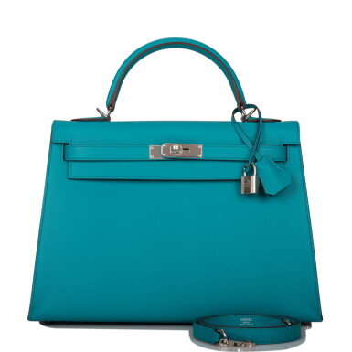 View full screen - View 1 of Lot 19. Blue Paon Epsom Sellier Leather Kelly 32 Palladium Hardware, 2013.