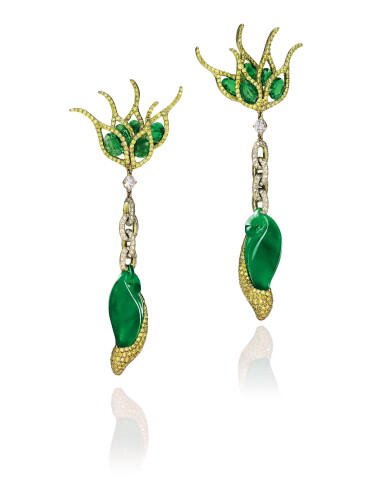 View full screen - View 1 of Lot 1649. Wallace Chan | Pair of Jadeite, Tsavorite Garnet and Diamond Pendent Earrings | 陳世英 | 天然翡翠 配 沙弗來石 及 鑽石 耳墜一對.
