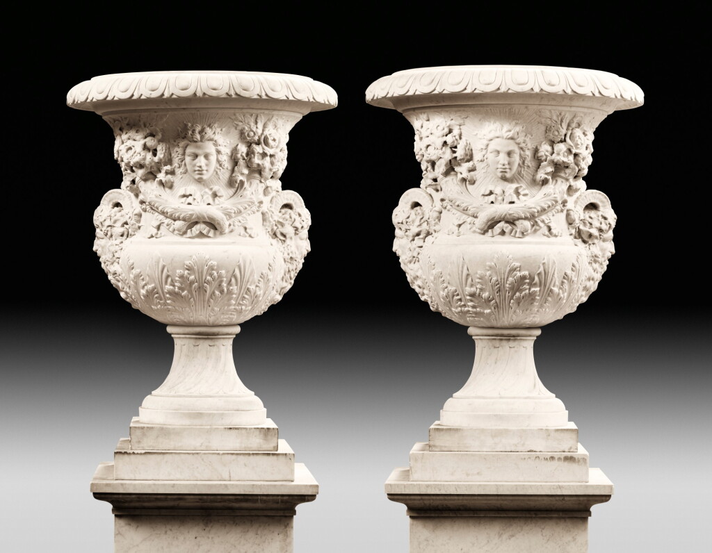 View full screen - View 1 of Lot 72. FRENCH, FIRST HALF OF THE 18TH CENTURY, CIRCA 1730-50 | AN IMPORTANT PAIR OF VASES DECORATED WITH SATYRS AND MASKS, CORNUCOPIA AND BOUQUETS OF FLOWERS.