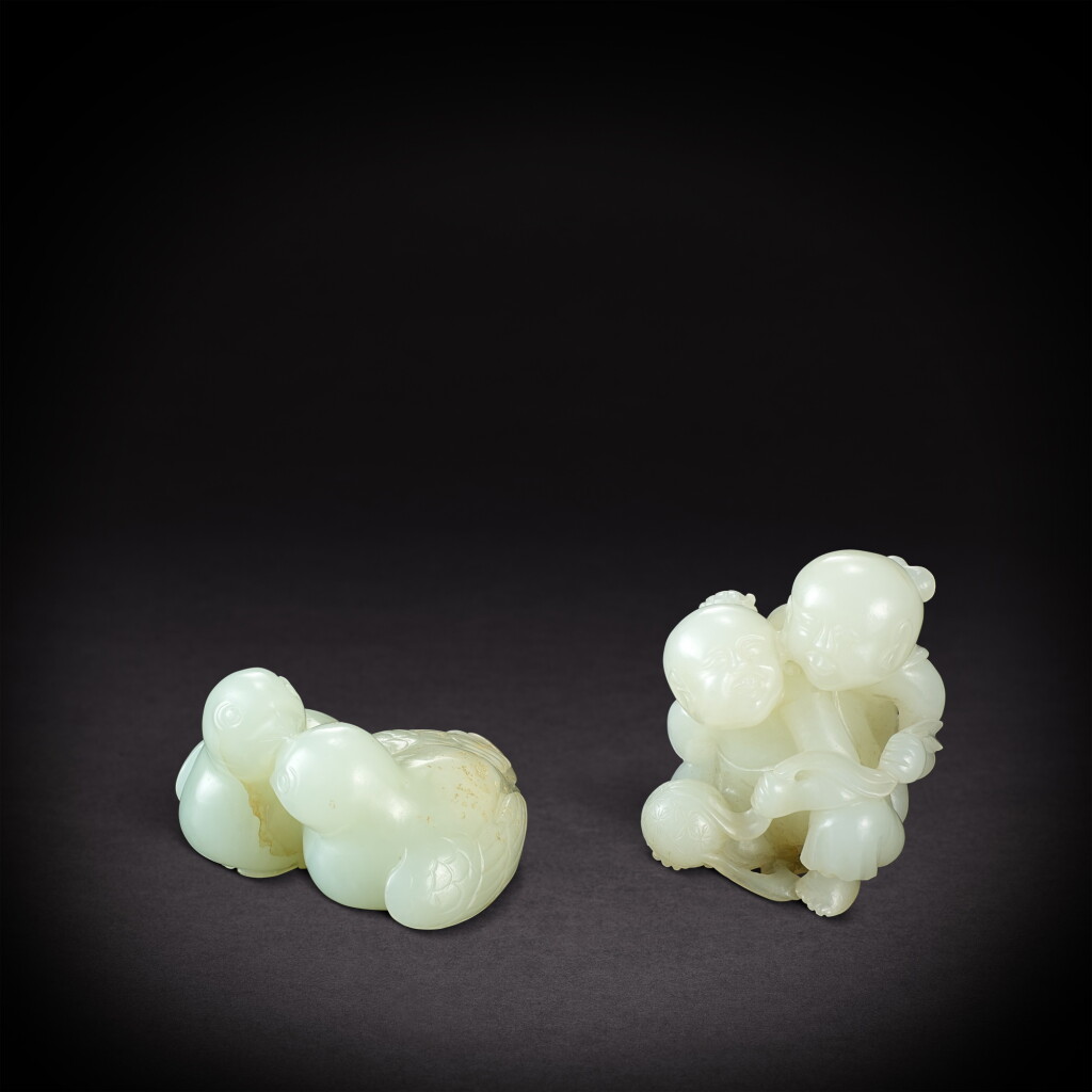 View full screen - View 1 of Lot 3544. A white jade 'boys' group and a pale celadon jade 'birds' group, Qing dynasty, 19th century | 清十九世紀 白玉雙童及青白玉雙鳥.