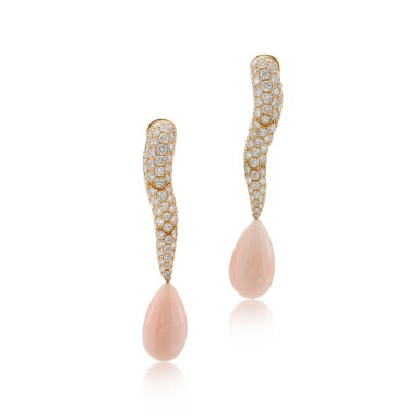 View full screen - View 1 of Lot 865. Pair of coral and diamond pendent earrings.