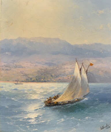View full screen - View 1 of Lot 534. Sailing barge in Crimea with Alupka in the distance.