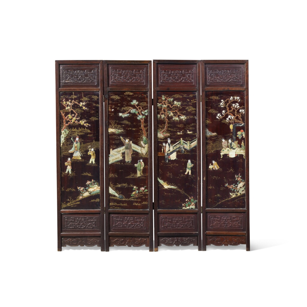 View full screen - View 1 of Lot 845. A four-panel 'tielimu' hardstone-inlaid lacquer 'scholars' screen, Late Qing dynasty | 清末 鐵力木嵌寶高士圖四扇屏風.