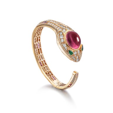 View full screen - View 1 of Lot 1708. 'Serpenti' Rubellite, Emerald and Diamond Wristwatch | 寶格麗 | 'Serpenti' 紅碧璽 配 祖母綠 及 鑽石 腕錶.