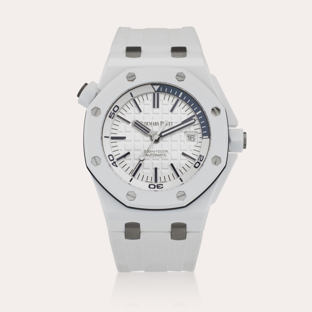 View full screen - View 1 of Lot 146. Reference 15707CB.OO.A010CA.01 Royal Oak Offshore 'Diver' | A white ceramic and titanium automatic wristwatch with date, Circa 2015.