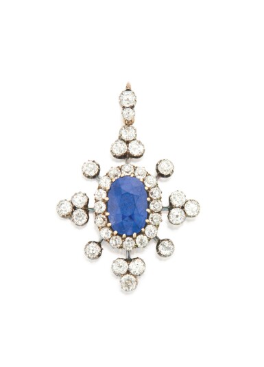 View full screen - View 1 of Lot 250. Silver-Topped Gold, Sapphire and Diamond Pendant.