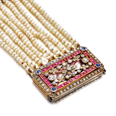 View full screen - View 1 of Lot 2840. Seed Pearl, Ruby, Sapphire and Diamond Bracelet, Late 19th Century | 珍珠 配 紅寶石,藍寶石 及 鑽石 手鏈,十九世紀末.