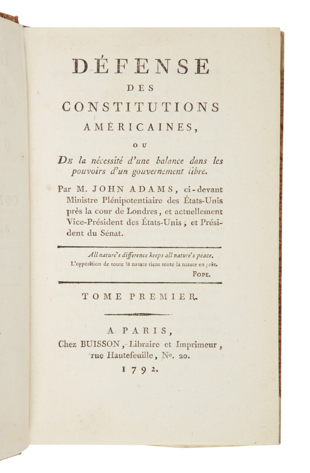 View full screen - View 1 of Lot 78. Adams, John | First French edition of a vital work for an emerging republic.